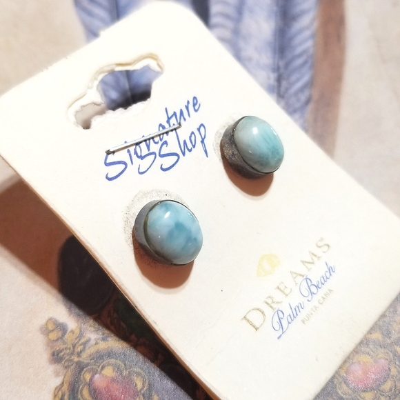 VTG Palm Beach Dreams Larimar Stud Sterling Earrings New Old Stock - Picture 3 of 7